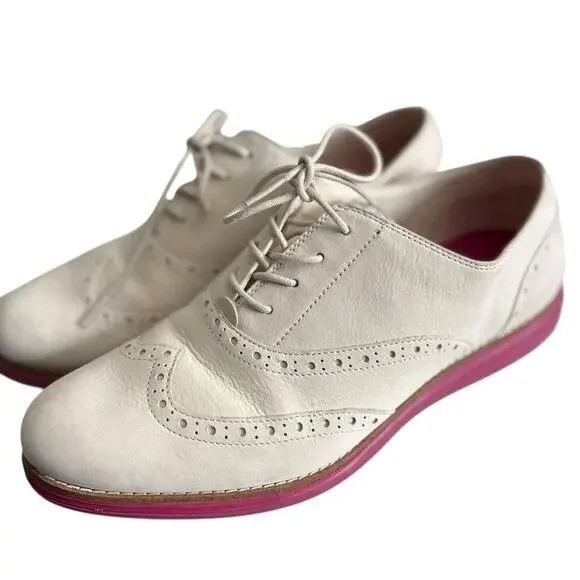 Cole Haan ZeroGrand Oxford Shoes Women 10 White Suede Pink Sole Lace Up Wingtip - Picture 11 of 12